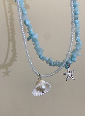 蓝色海星贝壳项链~双层叠戴碎石珍珠锁骨链海边度假风颈链配饰夏