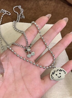 樱桃小丸子项链~钛钢不掉色！叠戴双层卡通卫衣链甜酷小众卫衣链A