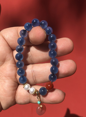 糖心玛瑙手串平安扣珠子珍珠蓝色香灰琉璃手链显白高级