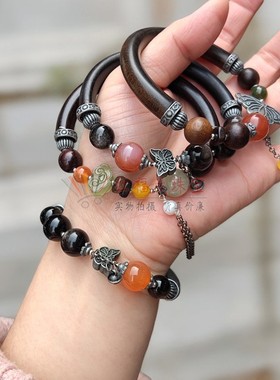 古朴风檀木手镯和田玉手链