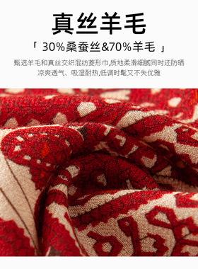 意大利佩斯利纹轻奢高级感真丝羊毛围巾女春秋羊毛红色大方巾披肩