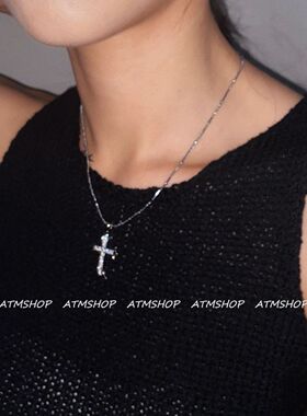 atmshop 满钻超闪十字架吊坠银色辣妹项链情网红重工侣款项链叠戴