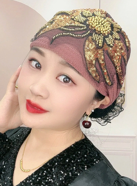 亮片太阳花遮白发帽子女新款时尚洋气蕾丝花头巾束发帽盘发包头帽