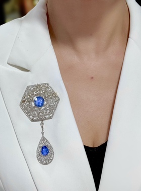 欧美轻奢名媛重工水滴梨形蓝尖晶吊坠镶钻高碳钻鸽血红刚玉项链女