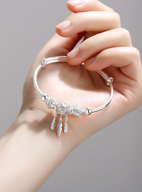 【双旦节促销送老婆】繁花银手镯女银实心镯子女友礼物