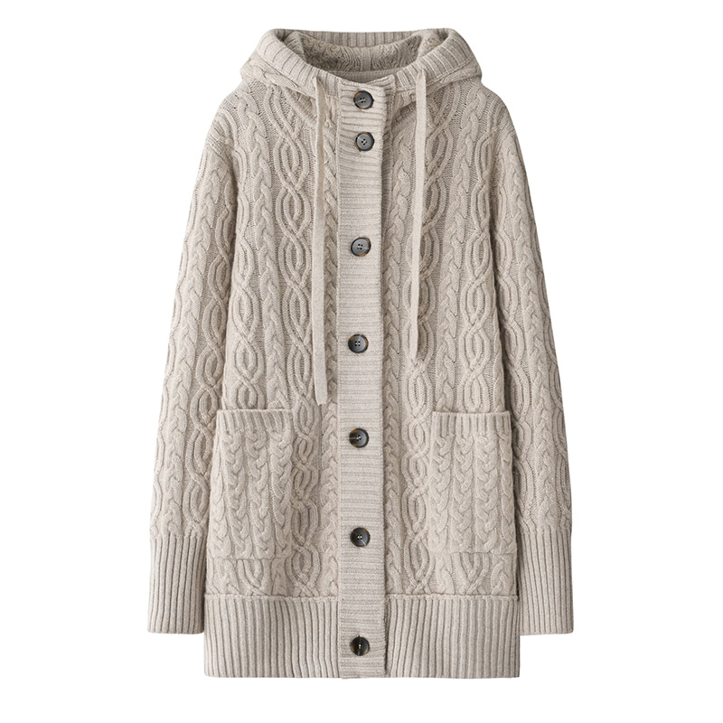 粗针加厚4股中长款~100山羊绒连帽女开衫鄂尔多斯市绞花大衣外套 - 图0