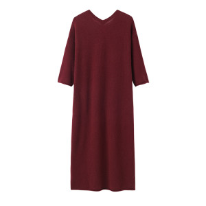 阿绒源纯羊绒裙鄂尔多斯市产V领带兜纯色7分袖长款针织衫保暖显瘦