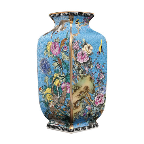 仿大清乾隆年制蓝地珐琅彩描金四方花鸟花瓶仿古玩瓷器收藏_虎窝淘