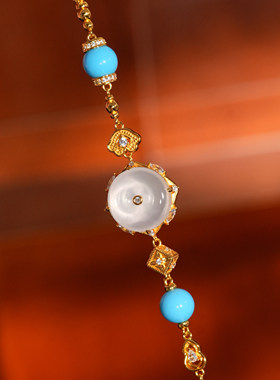 VISING珠宝黄金人造仿蓝松睡美人水沫平安扣手链手串S925银