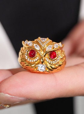 VISING珠宝黄金色猫头鹰培育红宝石戒指手工镶钻S925