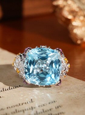 Molan20克拉花朵海蓝宝色托帕石圣玛利亚BB蓝大方戒指手饰