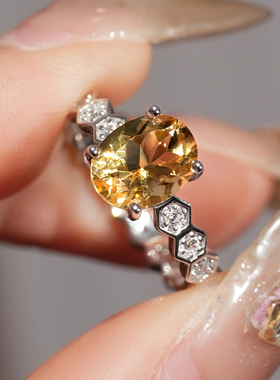 Molan天然黄水晶S925银戒指蜂巢