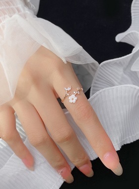 s925银贝壳花朵开口纯银戒指