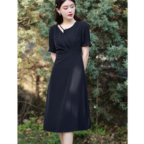 Blue language large size womens clothing Fat mm careful machine design Dont make a foreign dress 2022 Summer cashew slim and slim black dress temperament