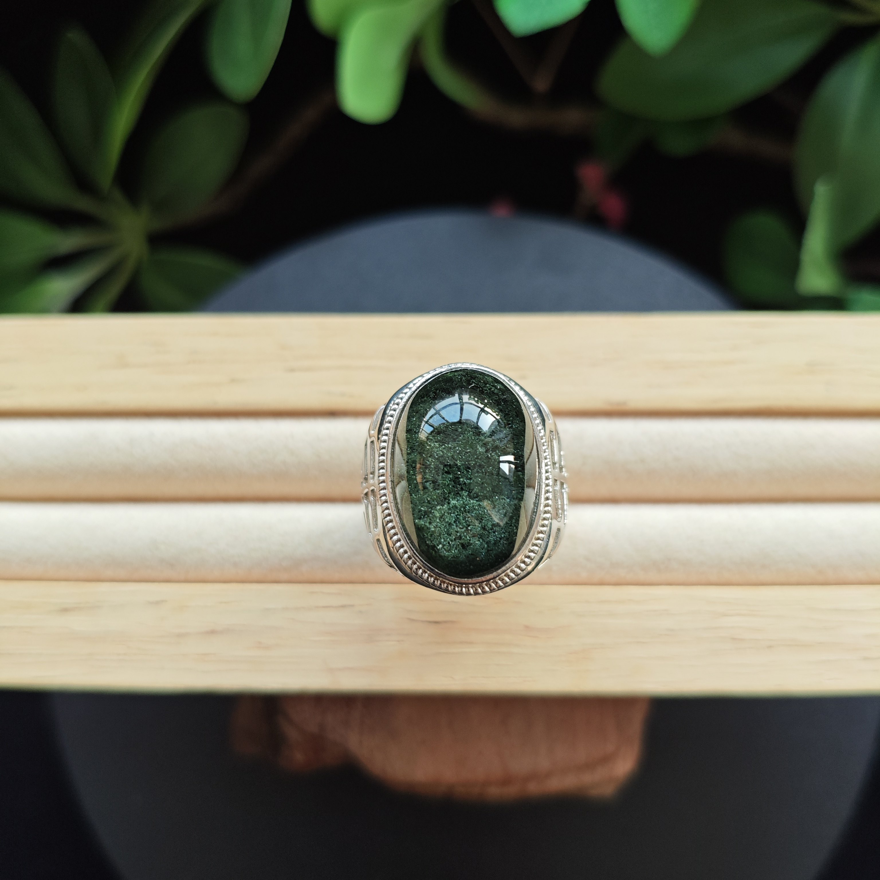 天然水晶绿幽灵戒指霸气定制水晶高货收藏男款聚宝盆翠绿纯银戒指 - 图1