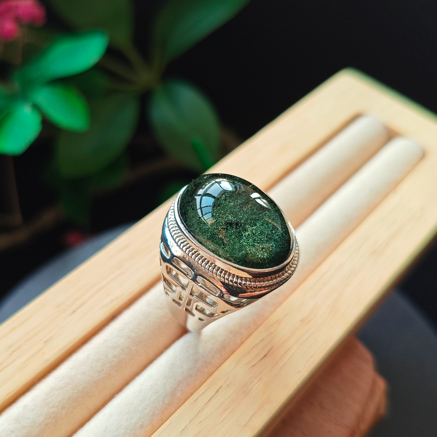 天然水晶绿幽灵戒指霸气定制水晶高货收藏男款聚宝盆翠绿纯银戒指 - 图3