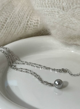 纯银银灰色珍珠项链女双层轻奢