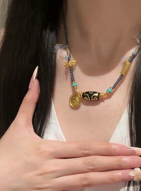 藏式沙金天珠项链女民族风复古设计感古法轻奢气质锁骨链送礼