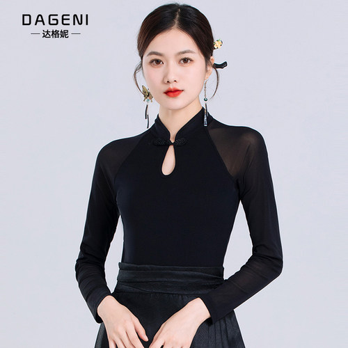 新中式网纱长袖t恤女2026年秋季新款盘扣小衫内搭蕾丝打底衫上衣 - 图1