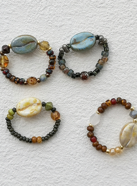 花糖｜咖啡豆星人｜捷克琉璃米珠串珠指环小众个性戒指装饰小礼物