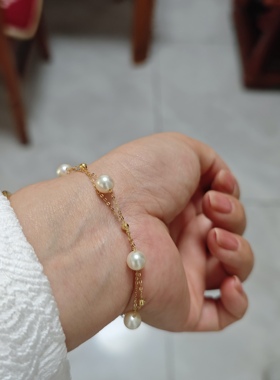 18K金akoya满天星天然羽皇金色手链 松弛感穿搭 法式叠戴金色细链