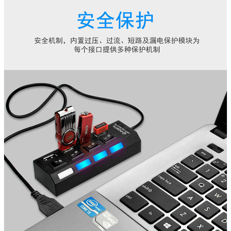 USB分线器笔记本电脑鼠标键盘U盘HUB集线器扩展多口转换器加长2米 - 图0