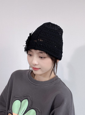 春夏新款韩国东大门代购时尚镂空针织侧边花朵装饰冷帽女包头帽潮