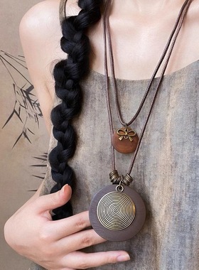 新中式禅意古铜羽毛项链女双层叠戴复古民族风毛衣链波西米亚