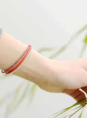 三生红绳 银转运珠很细石榴石三层长命锁桃核手链 姻缘生日礼物