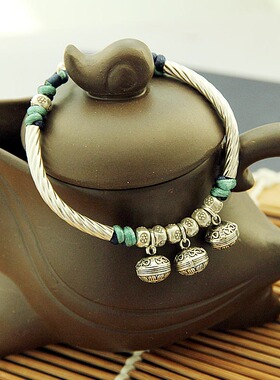 合欢铃手工纯银老银三五个铃铛转运珠弯管黑绳手镯幸运铃铛 女款