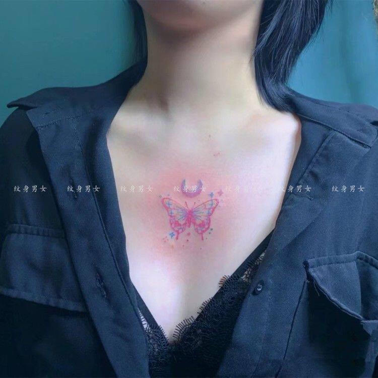 几何粉色月亮简约线条少女蝴蝶纹身贴防水持久性感胸口逼真刺青