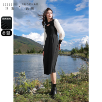 Three colorful big code womens clothing 2023 Winter new fake two splicing one-piece dress closets waistcoat large swing A character dress Fat MM