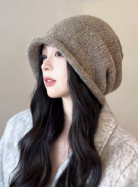 韩版灰色针织堆堆帽子女秋冬季大头围显脸小毛线帽保暖护耳包头帽