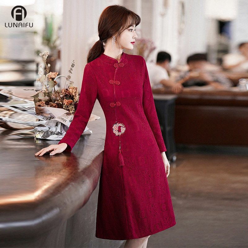 加绒红色旗袍改良版连衣裙喜敬酒服 伦爱弗旗袍