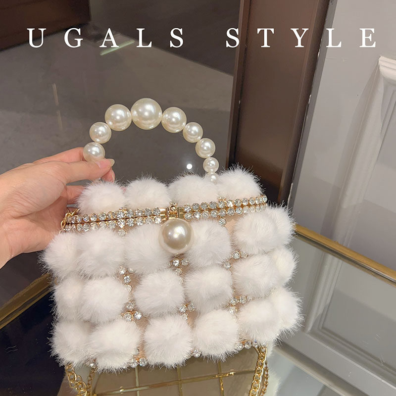 UGALS秋冬毛茸水貂毛绒金属菜篮子水桶宴会鸟笼水钻手拿斜挎包,淘宝优惠券,粉丝福利购,淘宝优惠卷