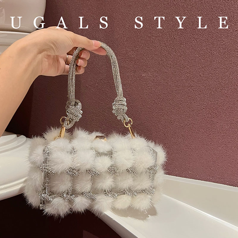 UGALS秋冬毛茸手工编织闪亮不灵水钻宴会真兔毛绒腋下斜挎小方包 - 图0
