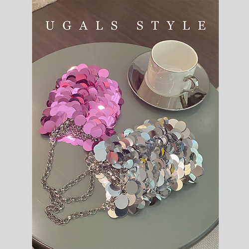 UGALS闪亮不灵金属鱼鳞亮片包手工编织宴会珠片手机包腋下斜挎包 - 图1