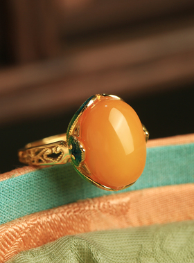 小银匠天然蜜蜡纯银珐琅开口戒指