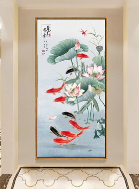 中式风走廊过道单幅九鱼图装饰画