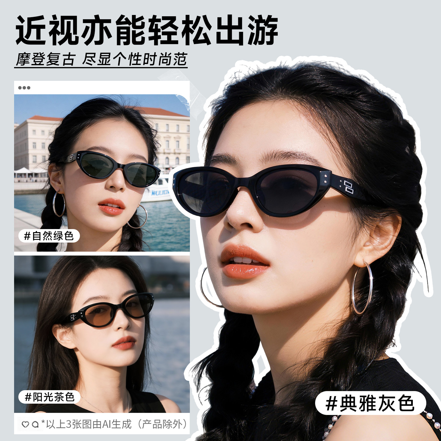 目戏定制近视墨镜女可配度数猫眼防晒防紫外线太阳镜女高级感新款 买猫实拍商品图