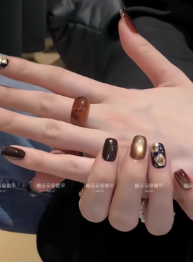 复古金花中短款猫眼棕手工穿戴甲