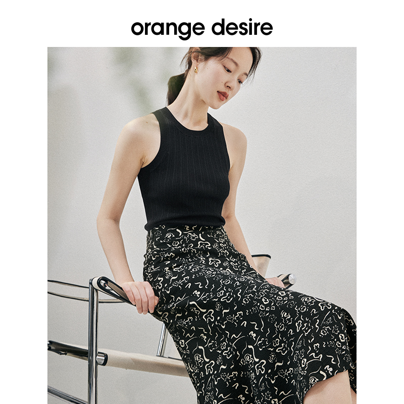 orange desire涂鸦感印花半身裙女2024春季新款高腰显瘦鱼尾裙子 - 图3