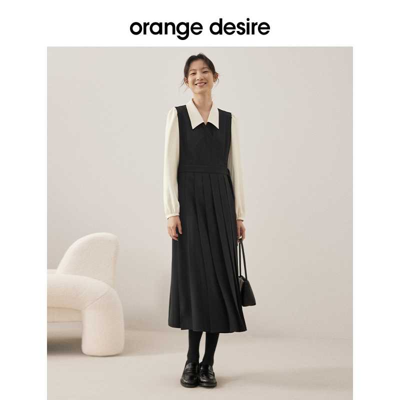 orange desire假两件百褶连衣裙女2024春季新款收腰A字裙法式V领