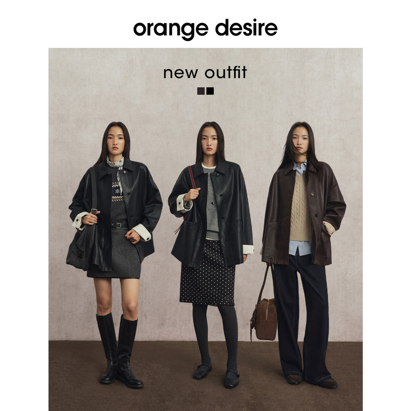 【布朗尼】orange desire PU皮一手长小翻领短外套拼接袖25冬新款 - 图3