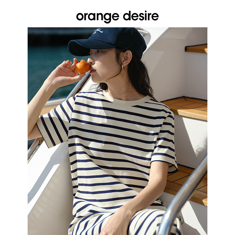 orange desire纯棉直身通勤条纹连衣裙女2024夏季新款显瘦长裙