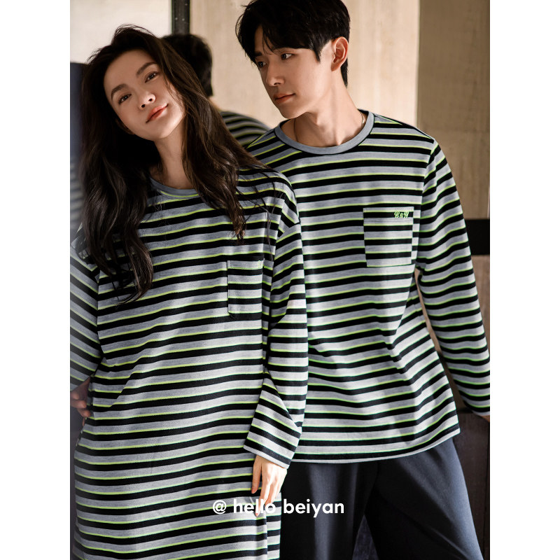 贝妍情侣睡衣女春秋新款撞色条纹宽松睡裙柔软棉长袖男家居服套装,淘宝优惠券,粉丝福利购,淘宝优惠卷