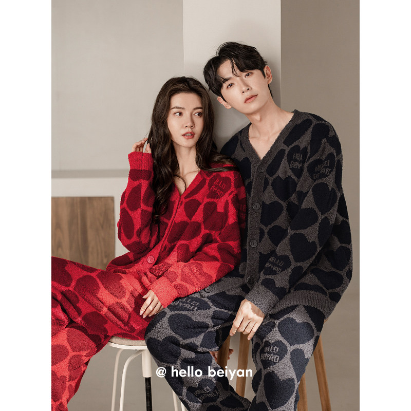 贝妍新婚珊瑚绒情侣睡衣女秋冬季保暖半边绒家居服男开衫大码套装,淘宝优惠券,粉丝福利购,淘宝优惠卷