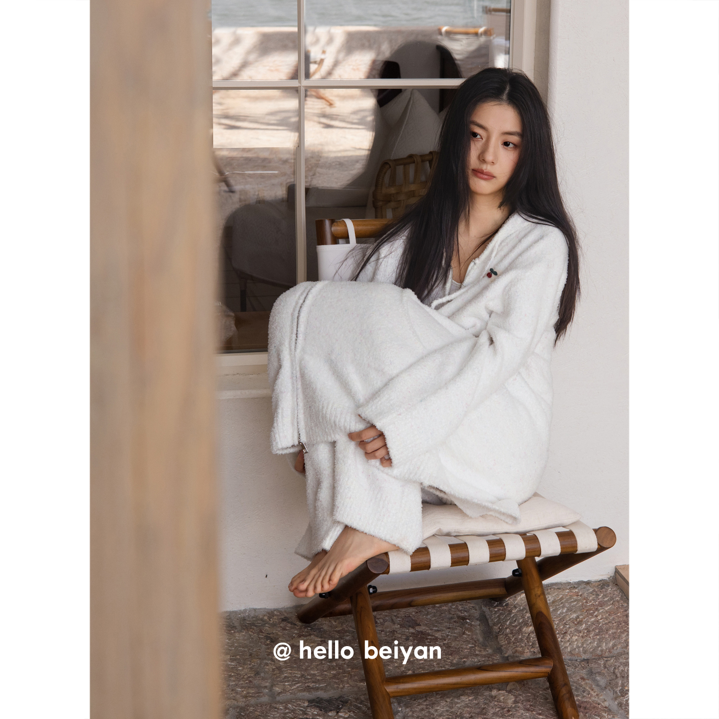 贝妍“减龄彩纱”睡袍女冬季半边绒长款睡衣拉链运动风连帽女套装 - 图1