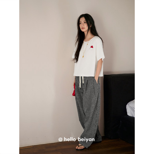 贝妍睡衣女夏季薄款短袖长裤凉感家居服韩系慵懒风可外穿宽松套装 - 图0