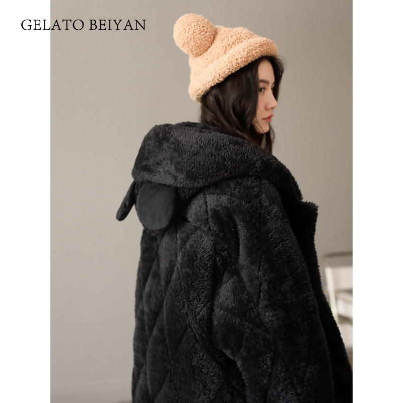 贝妍冬季夹棉袄加绒长款珊瑚绒睡袍 贝妍睡衣/家居服套装